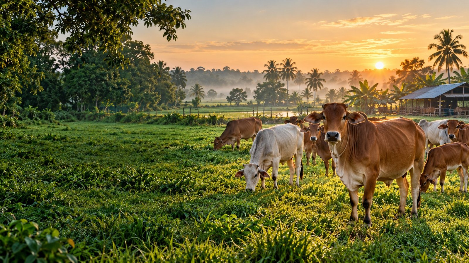 Illustration of a green Bangladesh cattle farm at sunrise